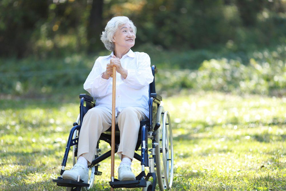 Smiling Old Woman On Wheelchair — Forsyth, NC — Safe Ride Transportation Smiling Old Woman On Wheelchair — Forsyth, NC — Safe Ride Transportation