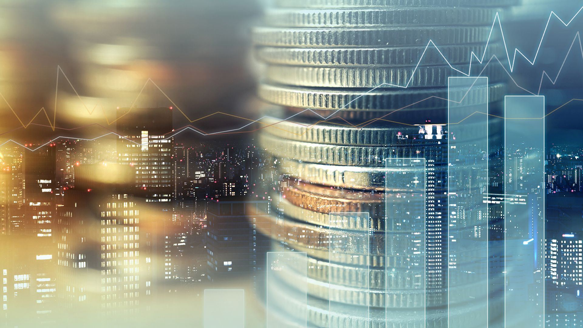A stack of coins with a city skyline in the background.