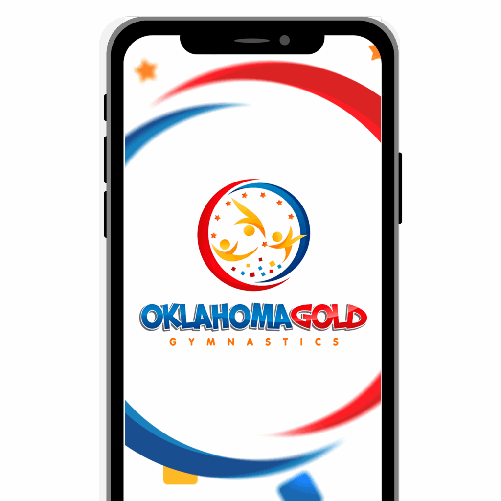 Oklahoma Gold Gymnastics logo on a phone screen with red, blue, and orange swirls and a gymnast emblem