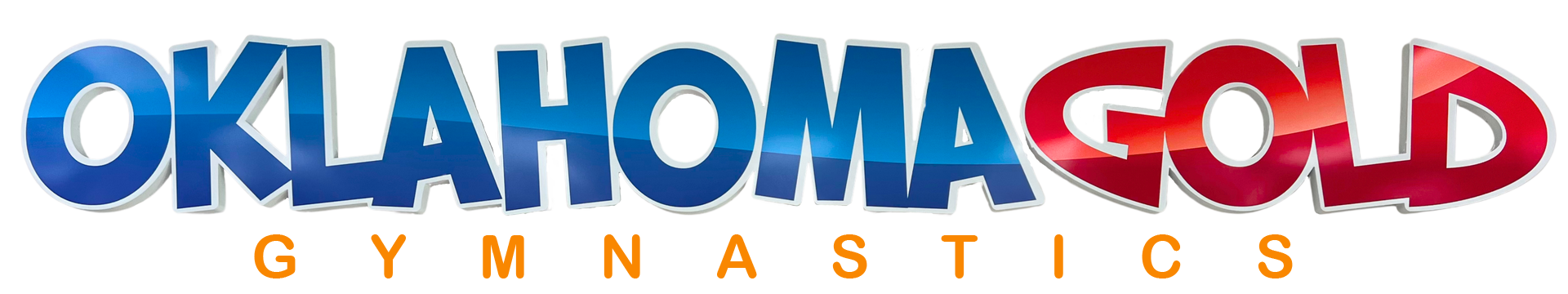 Oklahoma Gold Gymnastics logo in red, blue, and gold text