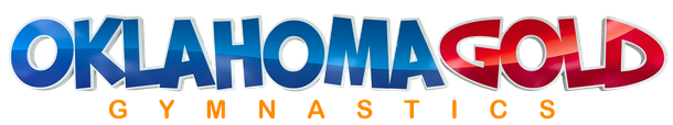 Oklahoma Gold Gymnastics logo in red, blue, and gold text