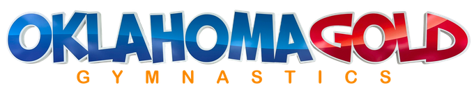 Oklahoma Gold Gymnastics logo in red, blue, and gold text