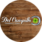 Logotipo: “Del Campillo, Fiambres y Vinos” en tipografía cursiva, con herradura y trébol de cuatro hojas sobre fondo de madera.