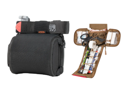 Black bag with tourniquet on top, and an opened first-aid kit with various supplies.