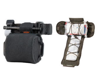 Black tourniquet in a pouch, open to display medical supplies.