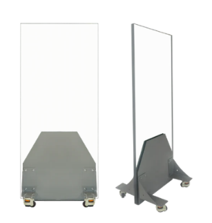 Clear rolling divider screen on a gray metal base with wheels.