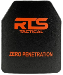 Black RTS Tactical body armor plate with orange logo and text 