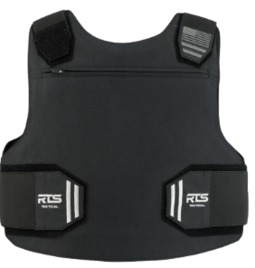 Black RTS Tactical bulletproof vest with velcro straps and pockets.