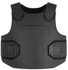 Black tactical bulletproof vest with shoulder and side panels.