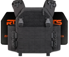 Black tactical plate carrier vest with ballistic plates, MOLLE webbing.