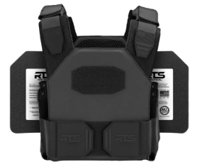 Black body armor vest with ballistic plates, featuring front and side protection panels.
