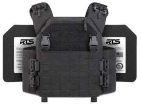 Black tactical plate carrier vest with ballistic plates.