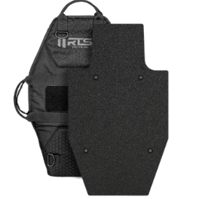 Black RTS Tactical ballistic shield with carrying bag.