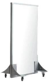 Whiteboard on a rolling stand, with an aluminum frame.