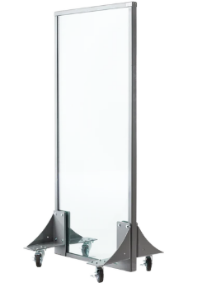 Clear glass rolling partition with silver frame and base.