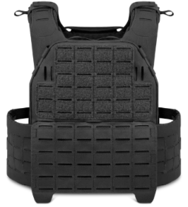Black tactical plate carrier vest with laser-cut MOLLE panels.