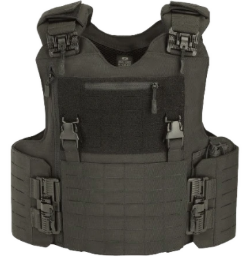 Black tactical vest with buckles, front pouch, and MOLLE webbing.