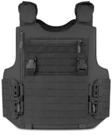 Black tactical vest with MOLLE webbing and buckle closures.