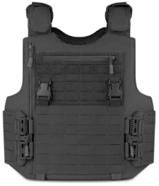 Black tactical plate carrier vest with molle webbing and buckles.