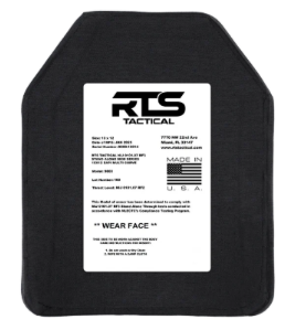 Black RTS Tactical body armor plate with a white label and American flag.