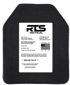 Black RTS Tactical bulletproof vest plate with a label, made in the USA.