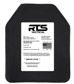 Black RTS Tactical ballistic plate with white label and U.S. flag.