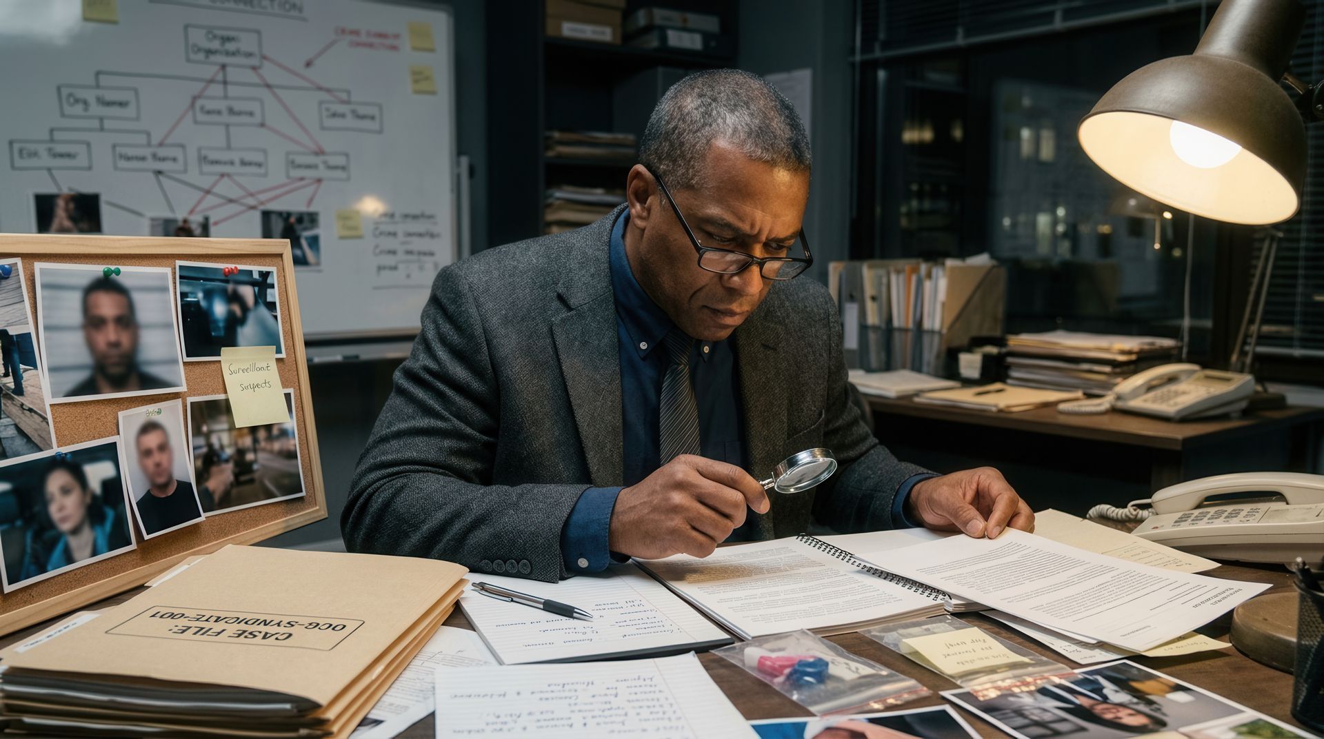 Local private investigator examining case files with a magnifying glass beside an evidence board