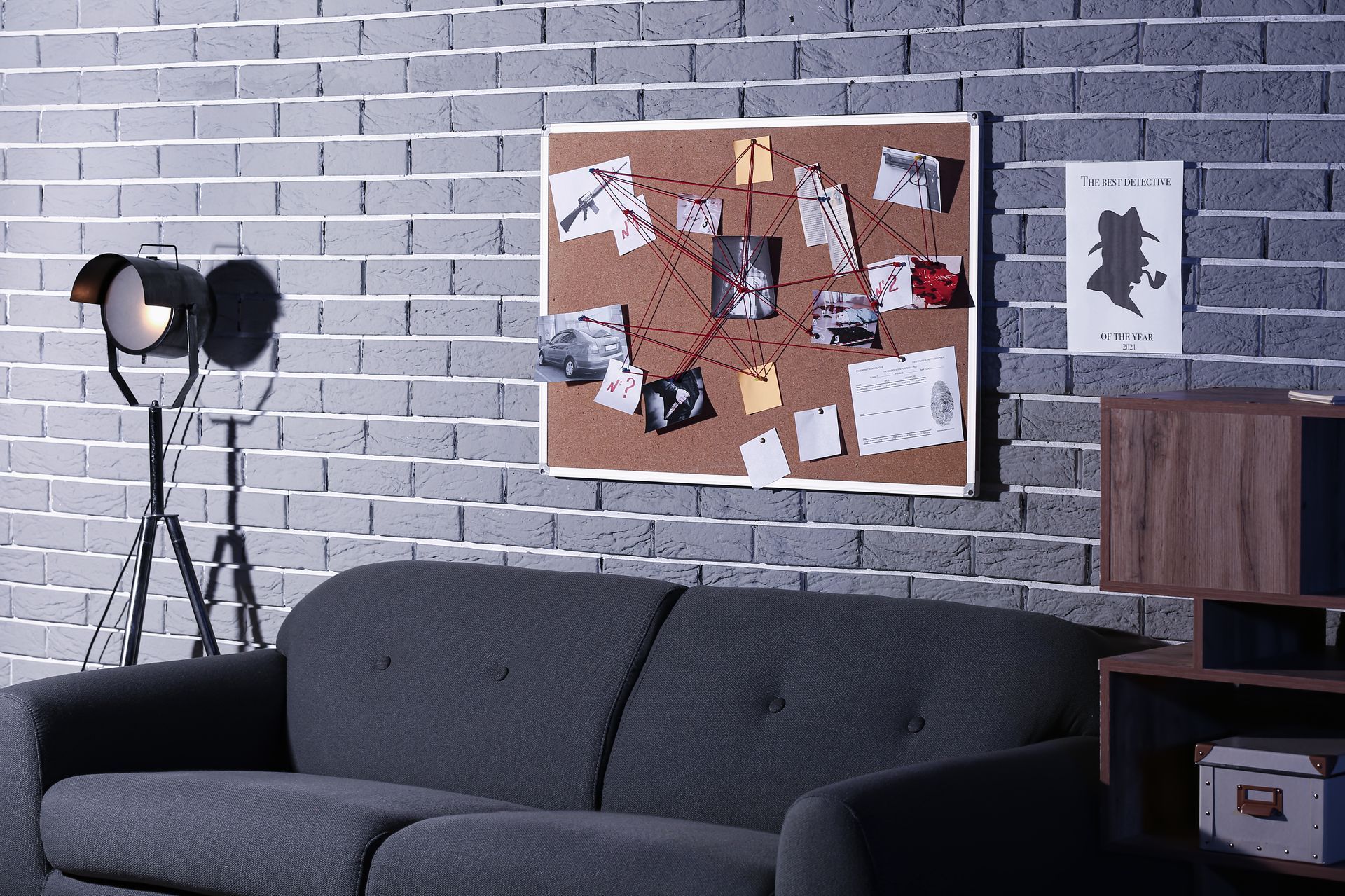 Professional workspace for private detective services featuring a crime evidence board. Professional workspace for private detective services featuring a crime evidence board.