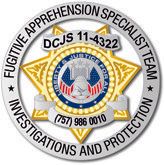 Badge: Fugitive Apprehension Specialist Team logo. Silver and gold starburst, blue/red seal, text.