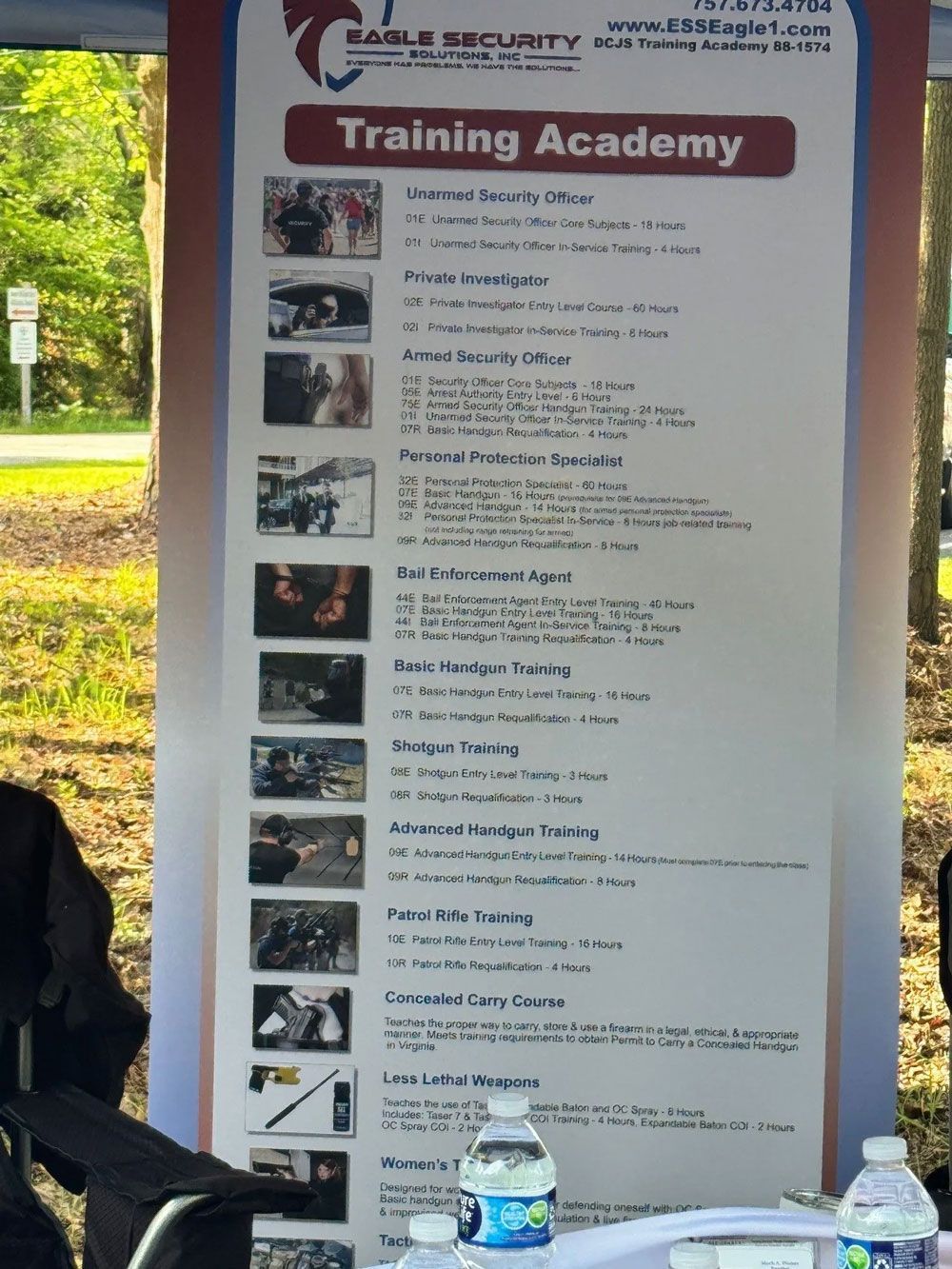 Poster for Eagle Security Training Academy, with listed courses and associated photos.