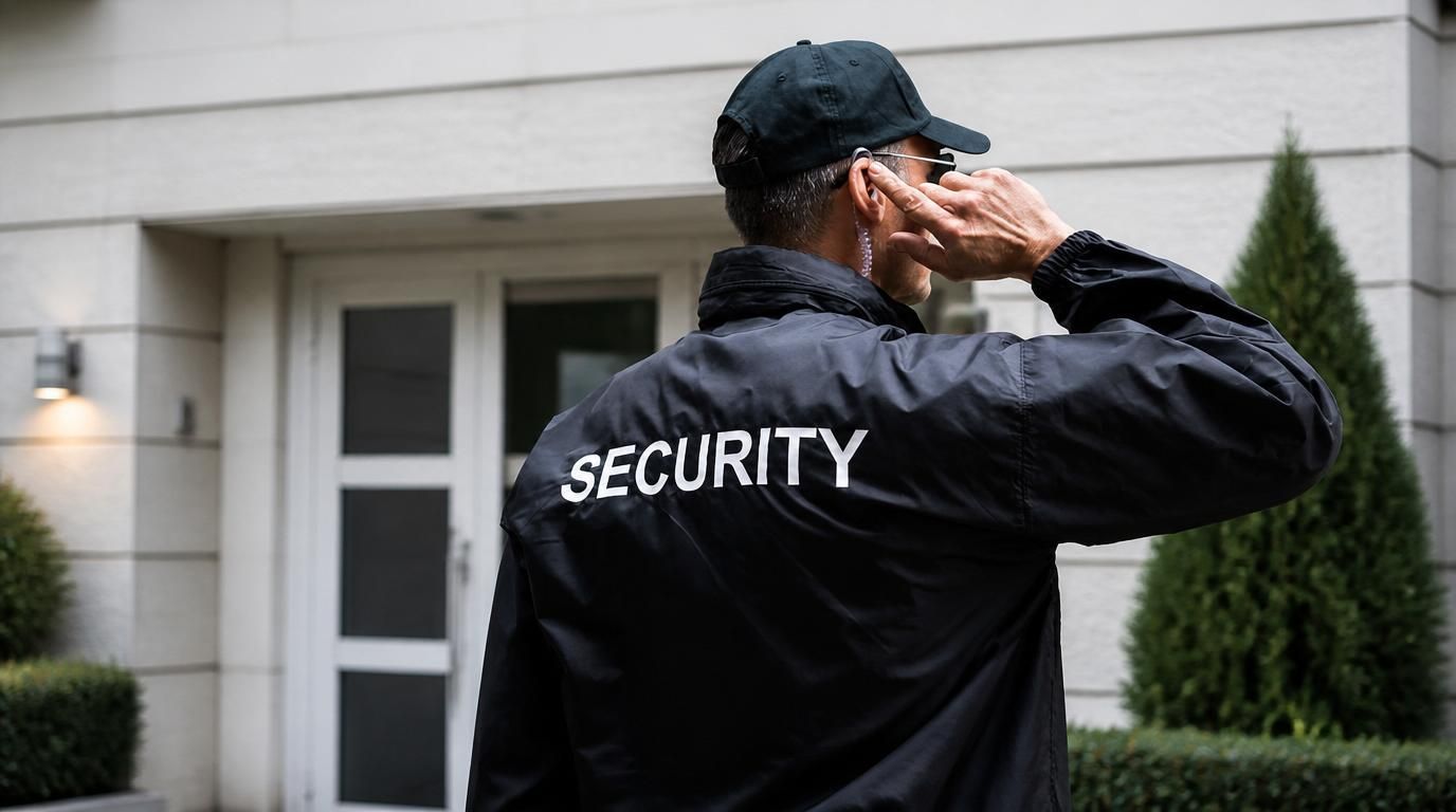 Security guard in black jacket saluting outside a residential building