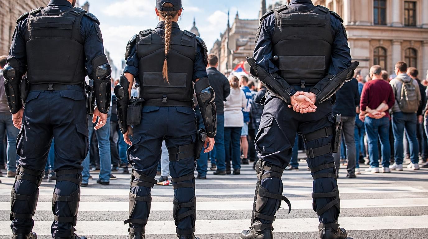Three police officers in black uniforms stand with backs to camera facing a crowd in a city street.