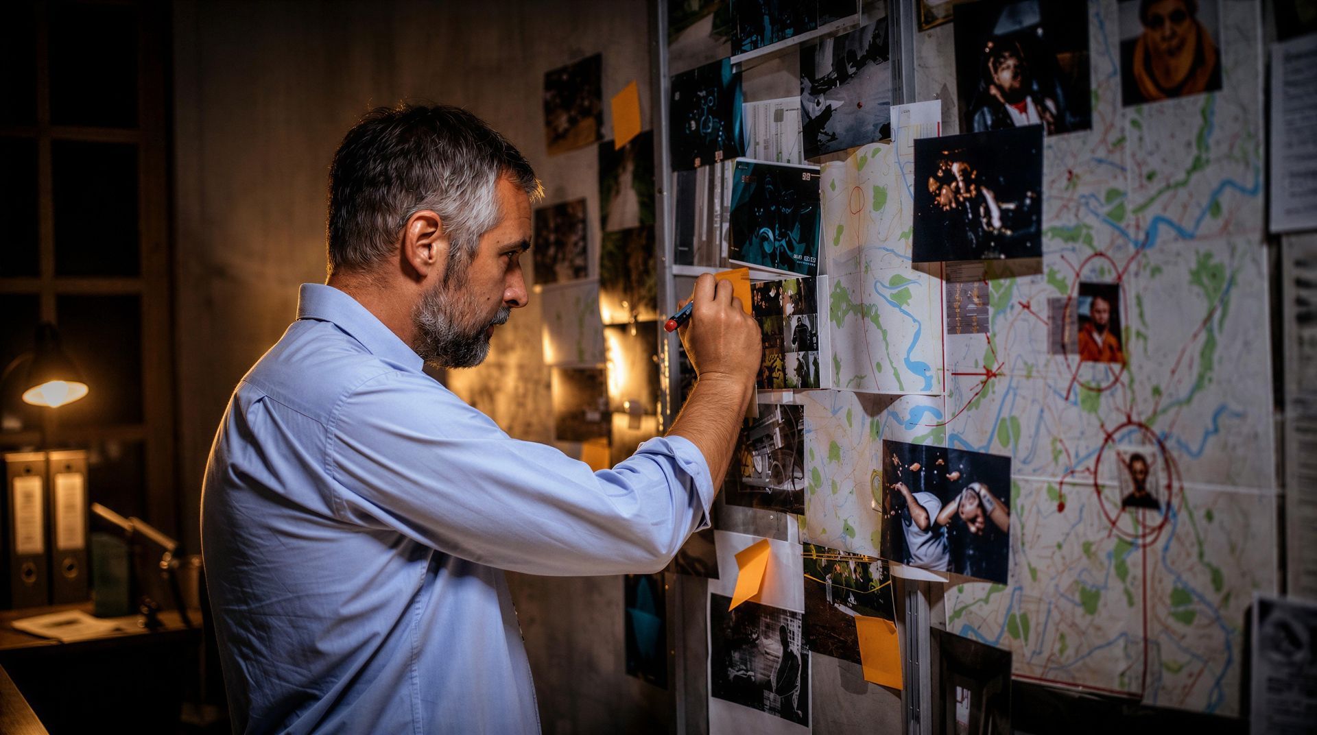 Man pinning notes and photos on a wall covered with maps, strings, and evidence clippings
