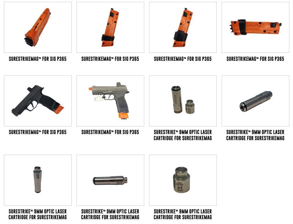 Assorted airsoft gun magazines and accessories, including lasers and pistols; orange and black.