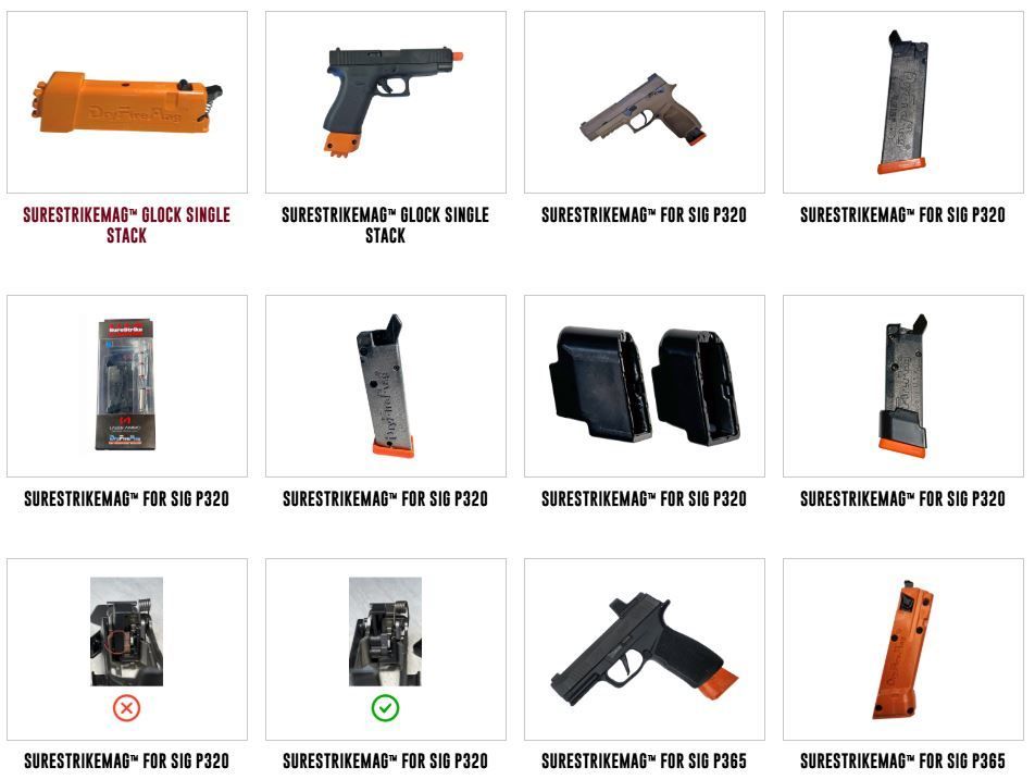 Collection of various orange-accented firearm accessories and parts, including magazines and holsters.