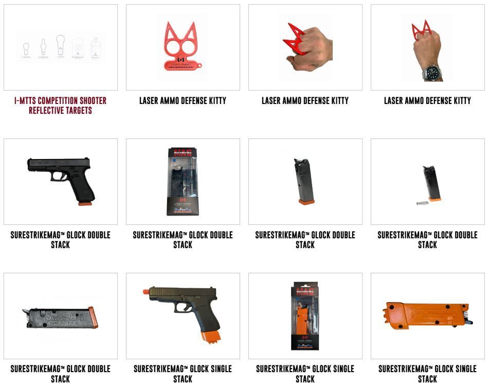 Assorted self-defense and firearm products: laser hand defense, firearms, and magazines.