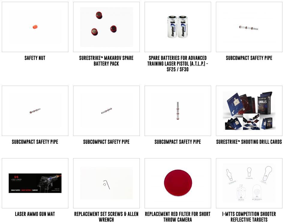 Assorted product images: safety kit, battery pack, training laser pistol, safety pipes, and competition targets.