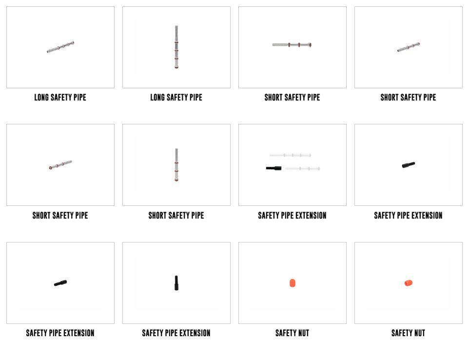 Assortment of safety pipe and safety net components, various lengths and configurations, on white background.