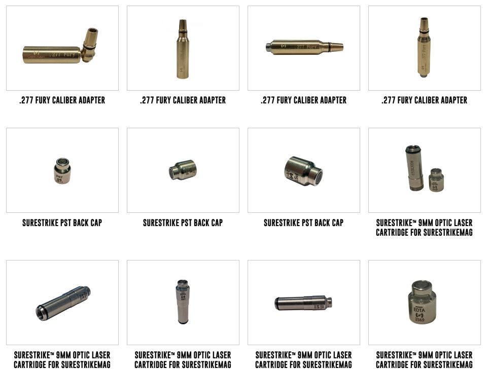 Collection of metallic gun parts: adapters, back caps, and laser cartridges.