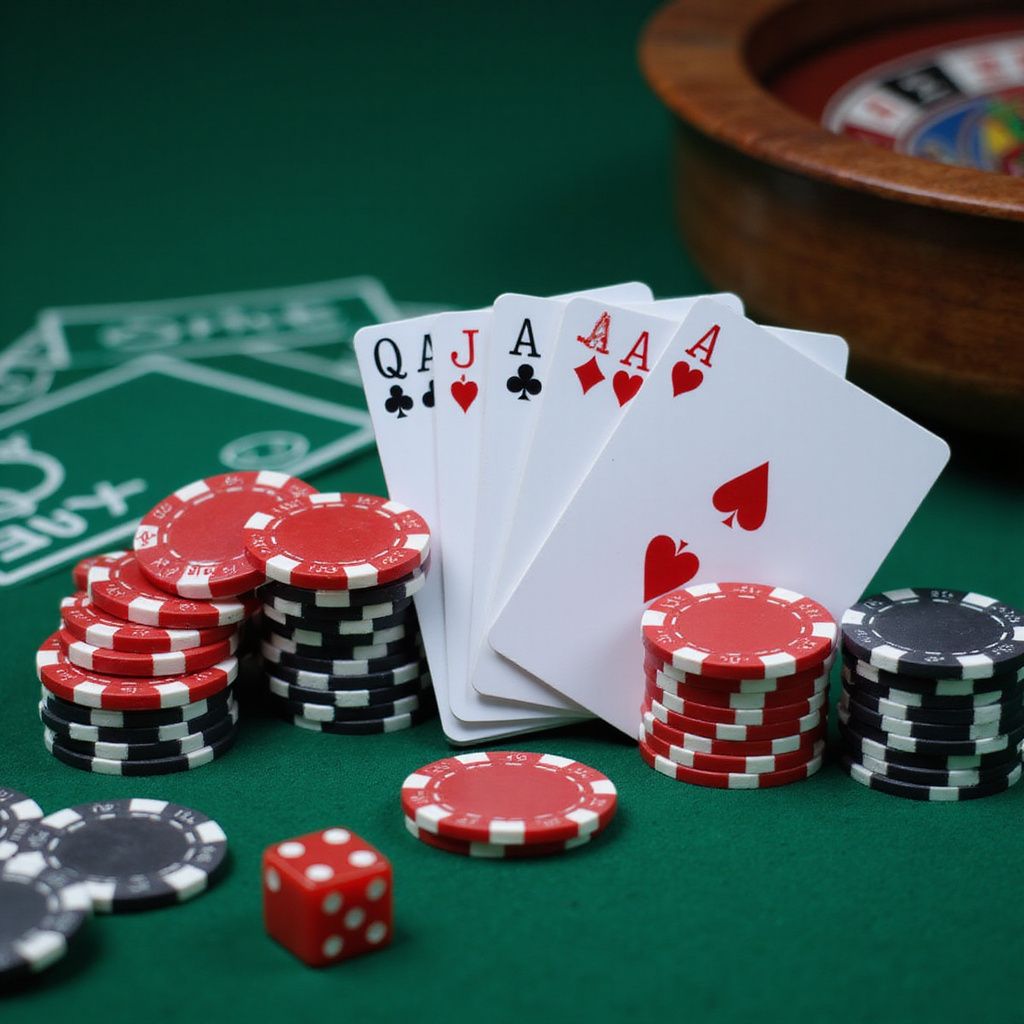 Poker chips and playing cards on a green casino table