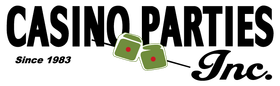 The logo for casino parties inc. has dice on it