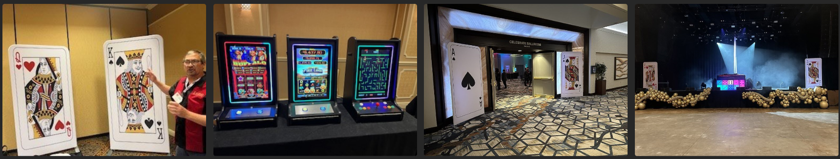A collage of four pictures of a casino with playing cards on the wall.