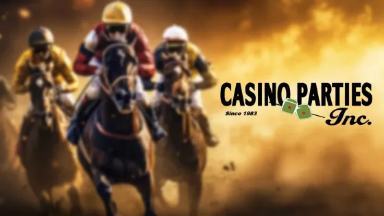 Horse race in a dusty glow with three jockeys, and a “Casino Parties Inc.” logo on the right.