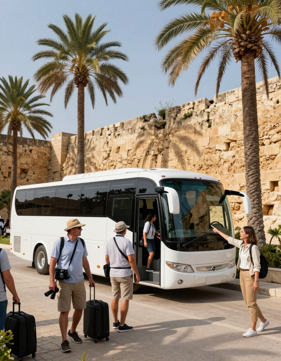 Tour group arriving at a scenic site in Israel