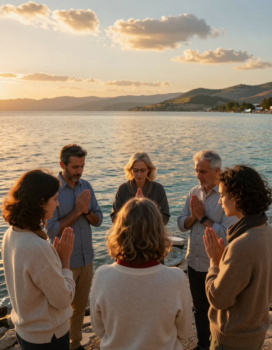Small group praying together at the Sea of Galilee at golden hour