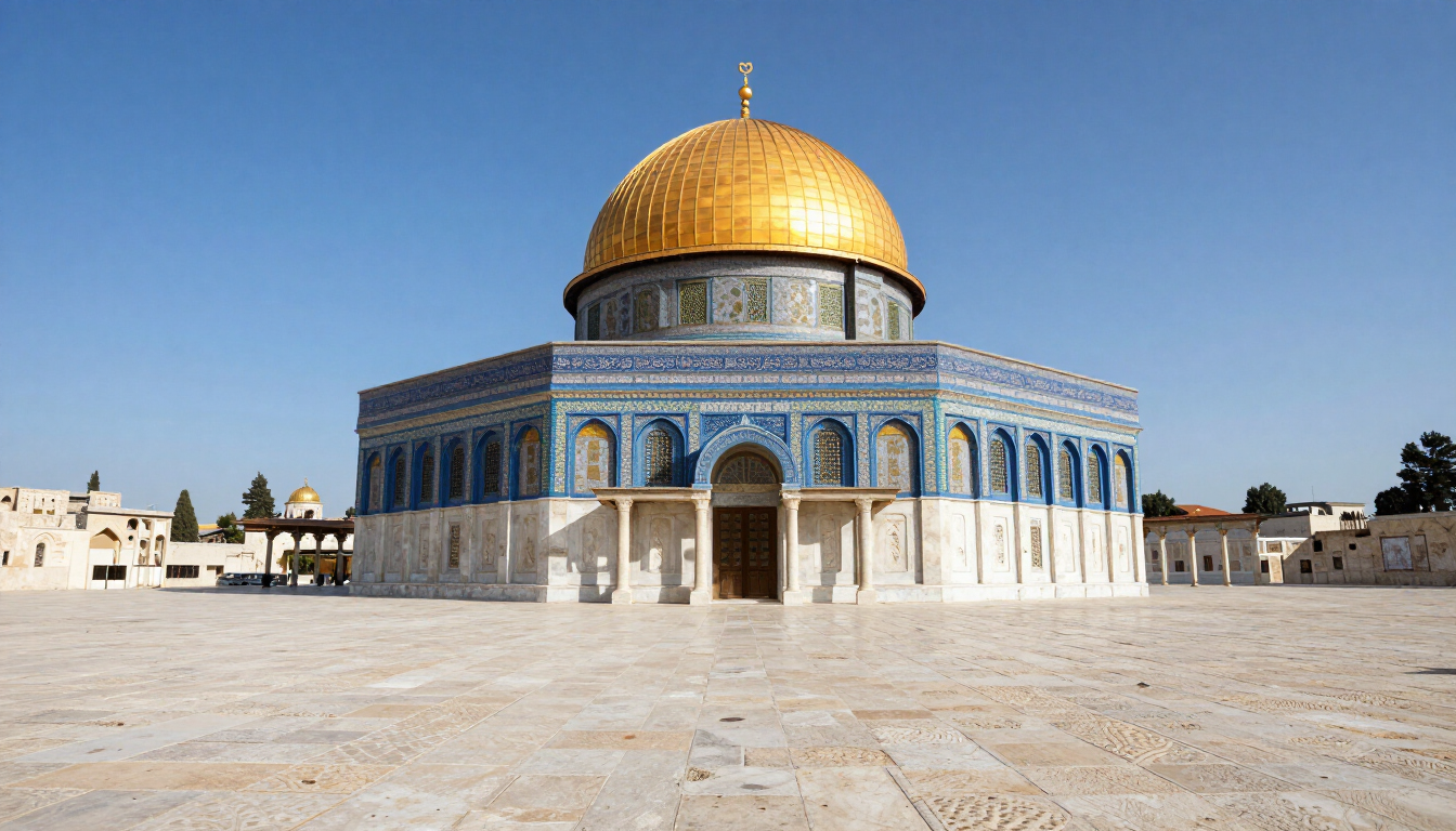 The golden Dome of the Rock in Jerusalem under a clear blue sky.