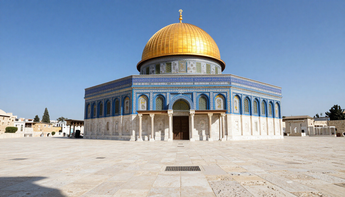 The majestic golden dome overlooking the stone plaza of the Temple Mount.