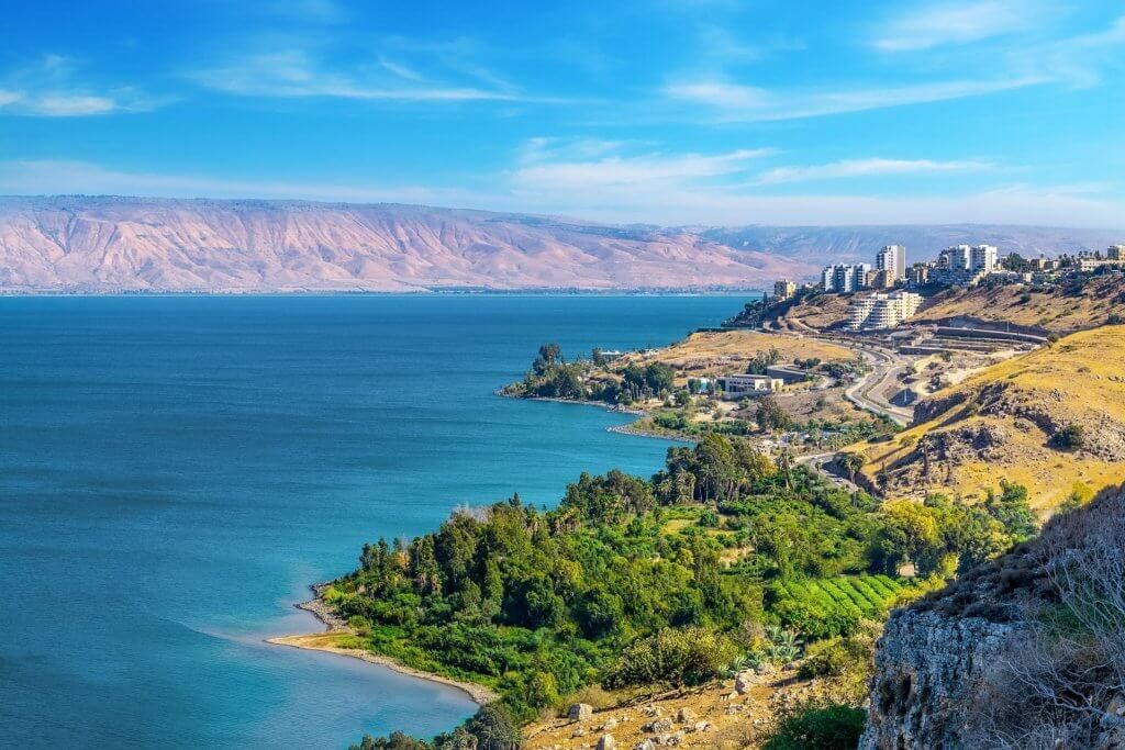 Blue lake beside a green shoreline with rocky cliffs and distant mountains under a clear sky