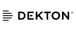 Un logotipo en blanco y negro para dekton sobre un fondo blanco.