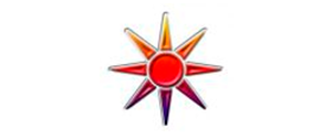 Una estrella colorida con un centro rojo sobre un fondo blanco.